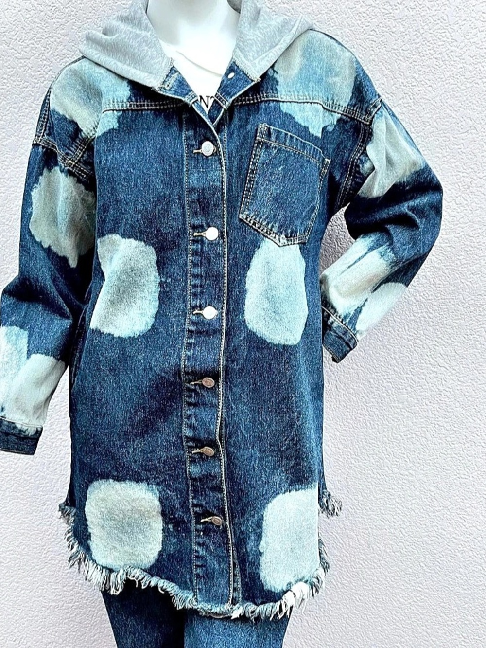 Thrill Jeans Women M Oversized Hood Denim Jacket Frayed Acid Wash Distressed Y2K